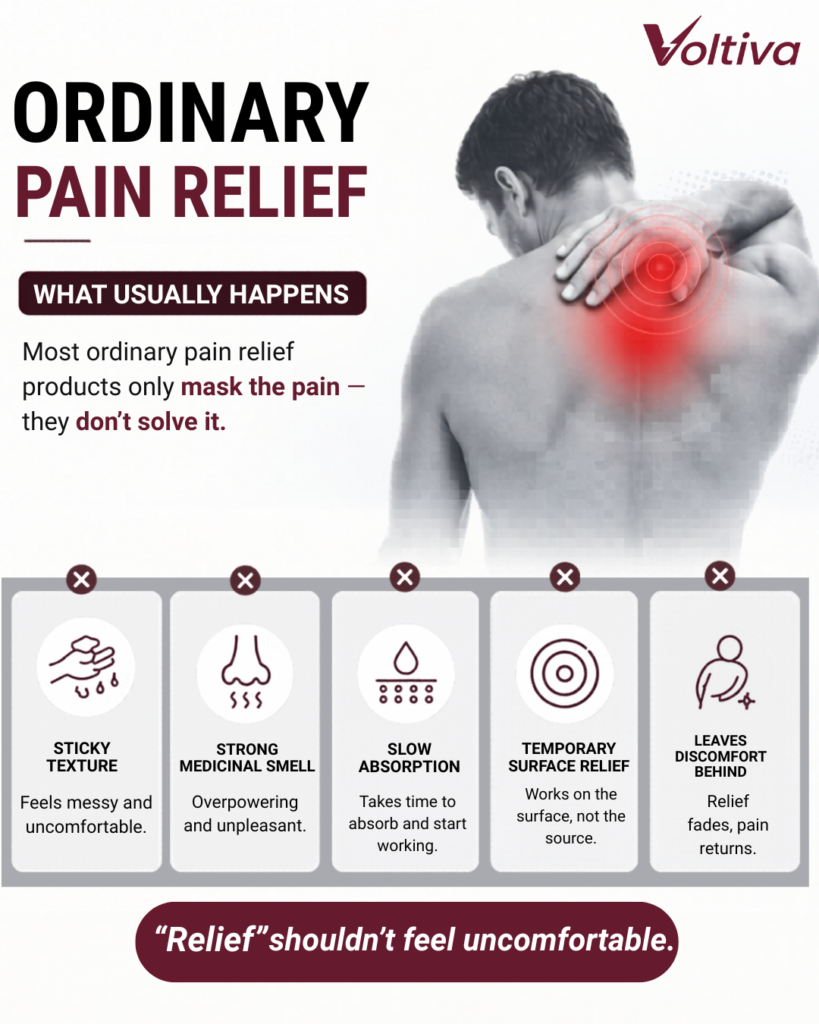 Ordinary pain relief only masks pain with sticky texture, strong smell, and temporary relief.