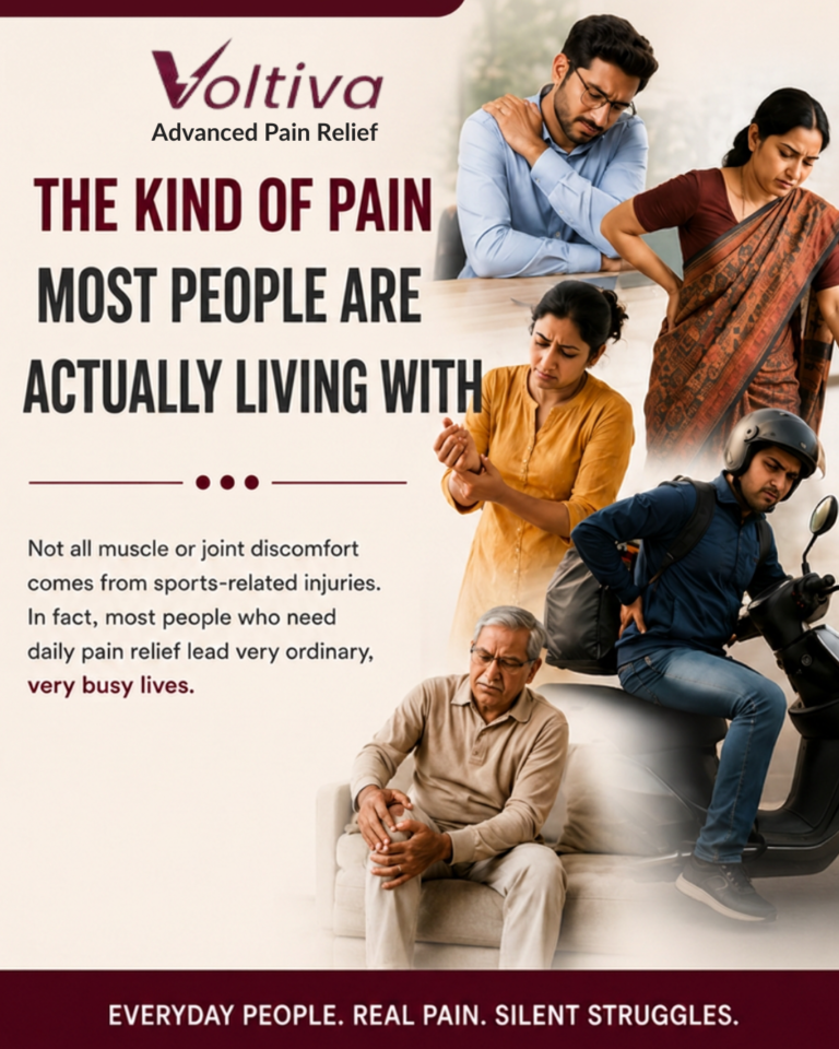Everyday people experiencing shoulder, back, wrist, and knee pain with messaging that chronic muscle and joint pain can affect anyone leading a busy daily life.