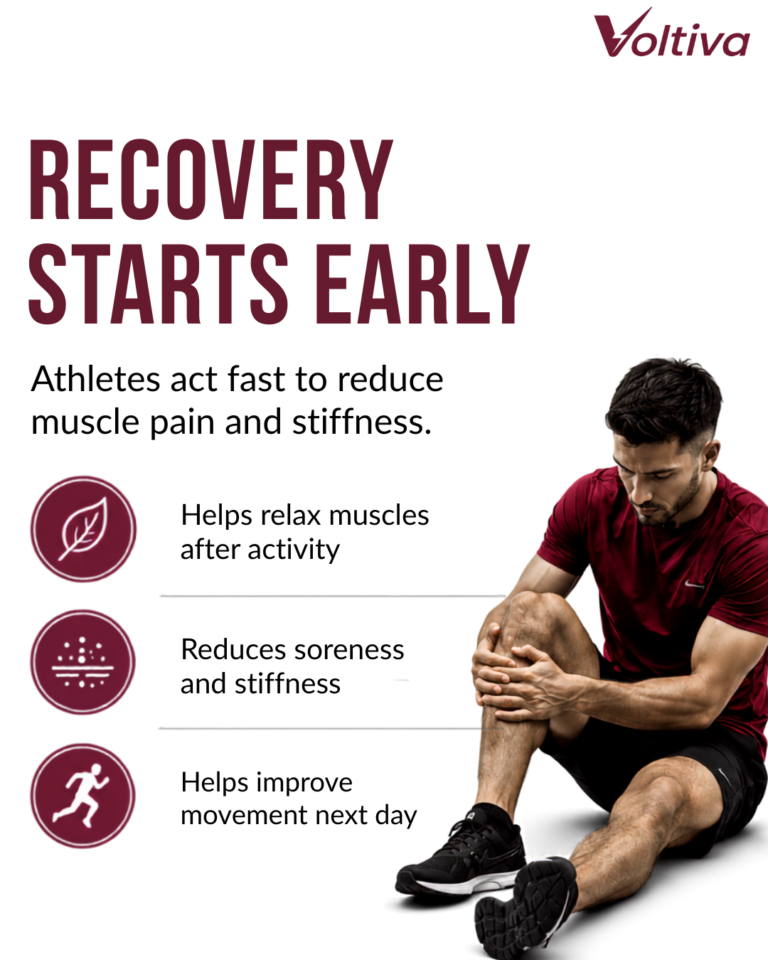 Athlete holding a sore knee, highlighting recovery from muscle pain and stiffness after physical activity.